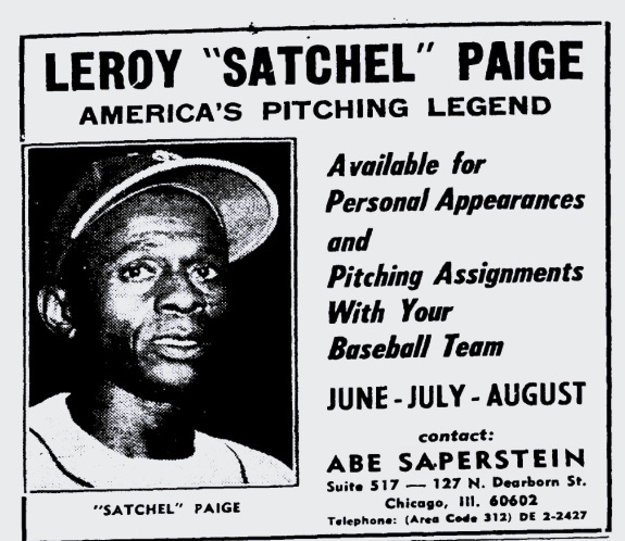 Sporting News ad Paige used to look for pitching work at age 59.