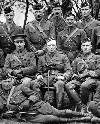 Winston Churchill, seated in the center wearing the uniform of the 6th Royal Scots Fusiliers, surrounded by fellow officers at Ploegsteert, Belgium, in May 1916. Winston Churchill, seated in the center wearing the uniform of the 6th Royal Scots Fusiliers, surrounded by fellow officers at Ploegsteert, Belgium, in May 1916.