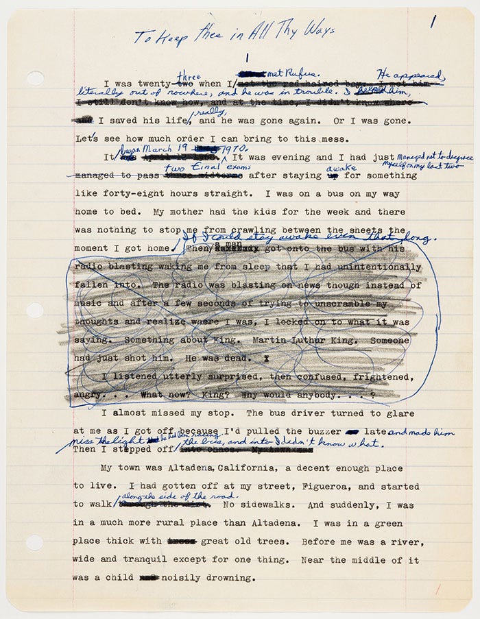 This image shows a typed manuscript page from Octavia E. Butler's working draft of Kindred, then titled To Keep Thee in All Thy Ways. It includes Butler's handwritten notes and revisions in both pencil and blue-pen markings. This image shows a typed manuscript page from Octavia E. Butler's working draft of Kindred, then titled To Keep Thee in All Thy Ways. It includes Butler's handwritten notes and revisions in both pencil and blue-pen markings.