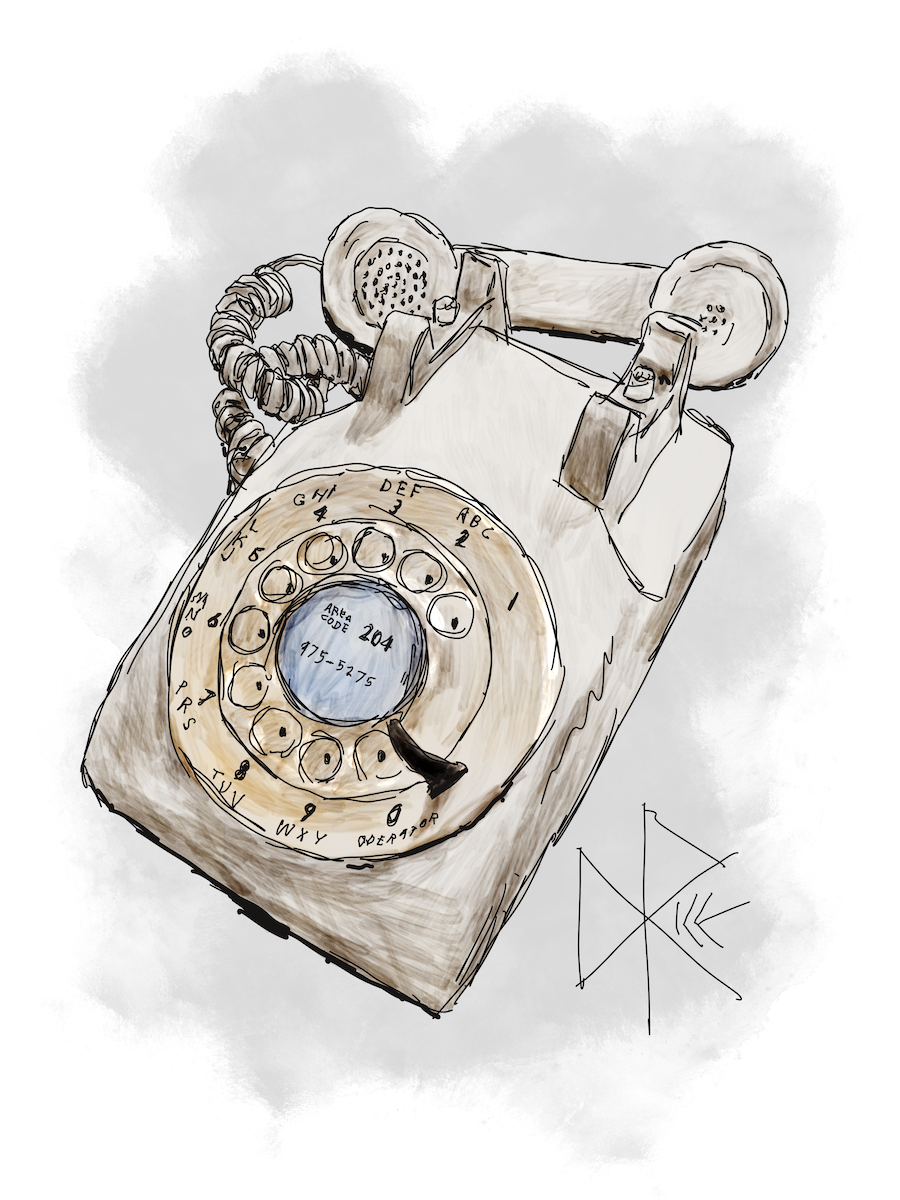 A rotary desk phone, handset resting beside the phone. Sketch art by Don Rice. A rotary desk phone, handset resting beside the phone. Sketch art by Don Rice.