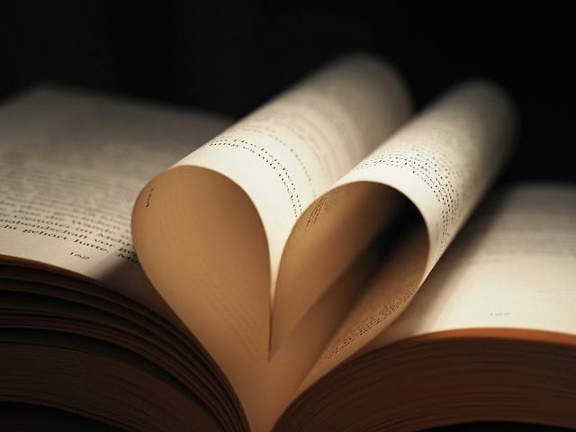 An open book whose white pages are illuminated on a shadowy background, and the 2 center pages are folder up and towards each other so they make a heart