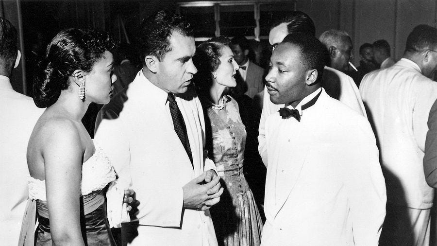 Photographer Griff Davis captured the first meeting of Vice President Richard Nixon and Martin Luther King, Jr. and their wives, Patricia Nixon and Coretta Scott King, on Independence Day in Accra, Ghana on March 7, 1957.