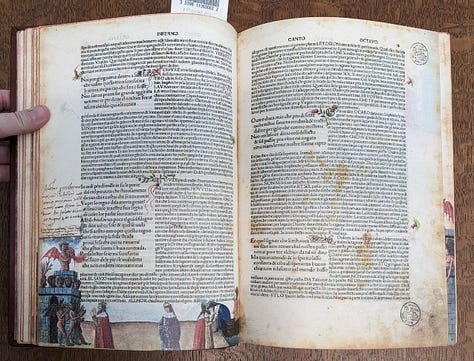 Cochrane's rendition of a Botticelli-inspired Inferno and a portrait of Dante. The illustrated incunable facsimile with an image of Inferno.