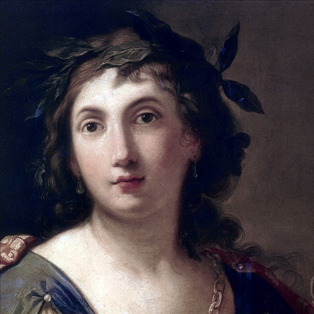 Autorretrato de Elisabetta Sirani, ela tem um olhar direto e confiante. Seus olhos escuros, sobrancelhas arqueadas, nariz fino e lábios levemente fechados compõem seu rosto. O cabelo escuro é visível, e a luz destaca a textura da pele. Na cabeça, usa uma coroa de olhas.