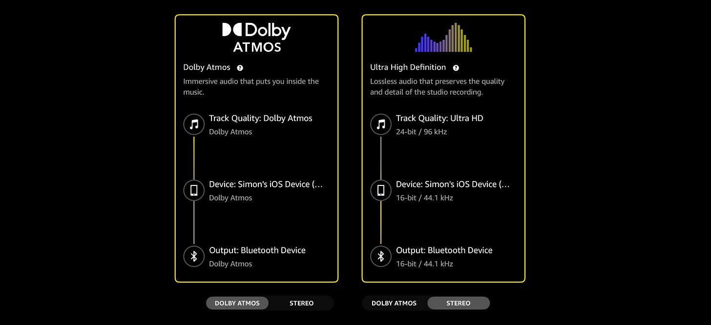 A side-by-side screenshot of the Atmos/stereo toggle in Amazon Music's iOS app. A side-by-side screenshot of the Atmos/stereo toggle in Amazon Music's iOS app.