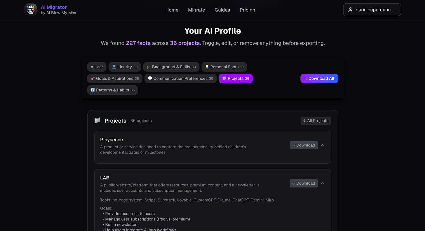 AI Migrator profile showing 36 projects automatically clustered from ChatGPT conversation history, with project descriptions and tools used for each one