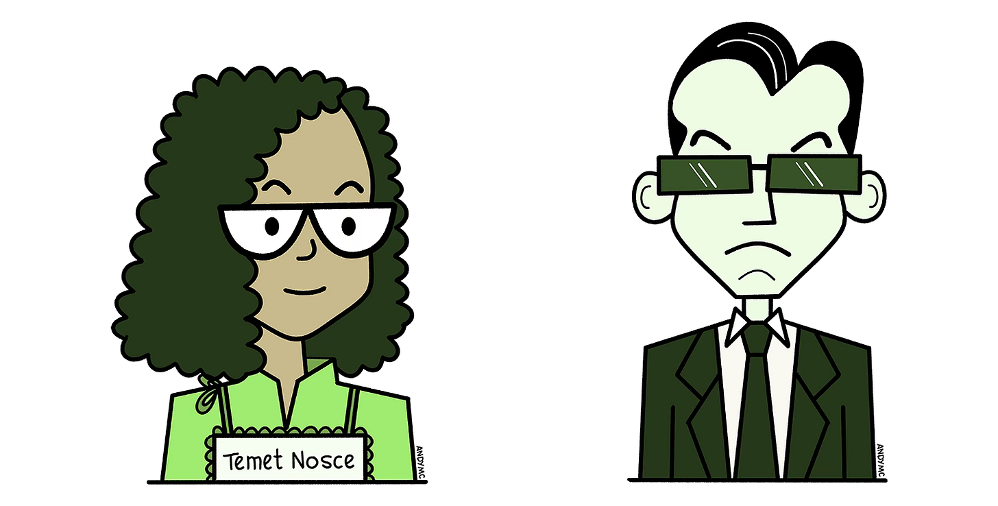 an illustration of the Oracle and Agent Smith from the Matrix movie
