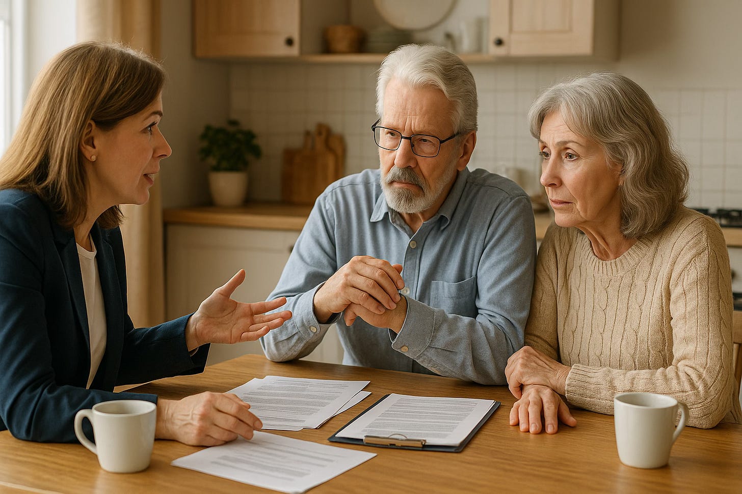 A mature couple reviewing retirement options with a fiduciary financial advisor at their kitchen table, discussing Social Security claiming strategies and income planning in warm natural light.
