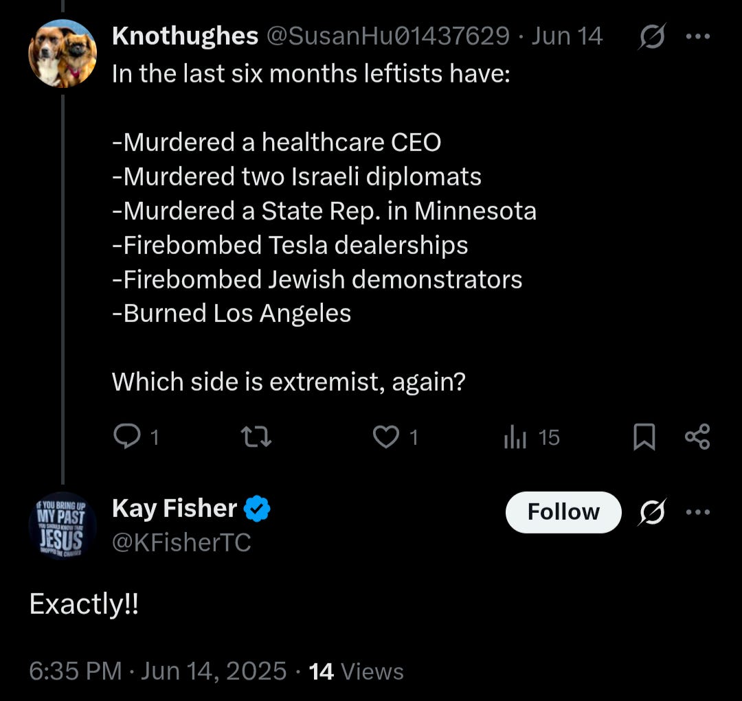 Social media post from knothughes reads: In the last six months leftist have: -murdered a healthcare CEO, murdered 2 Israelis diplomats, murdered a state rep in Minnesota, firebombed Tesla dealerships, firebombed jewish demonstrators, burned Los Angeles. Which side is extremist, again? Kay Fisher has replied to this post, saying "Exactly!!"