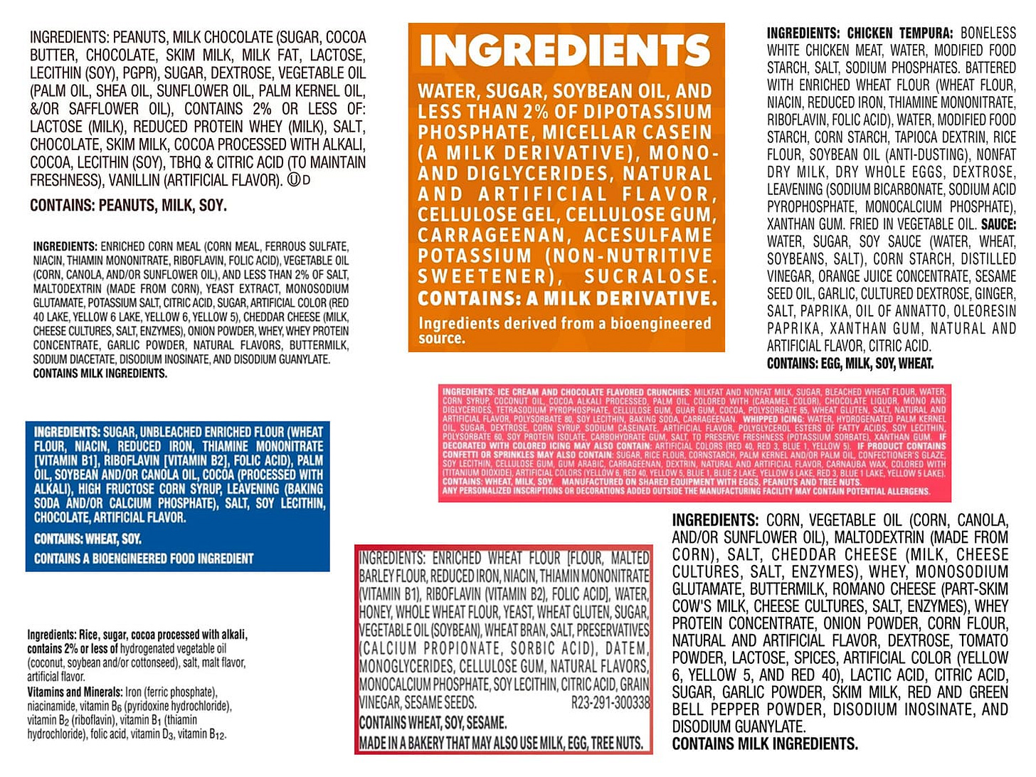 A collection of ingredient panels from a variety of ultra-processed foods. A collection of ingredient panels from a variety of ultra-processed foods.