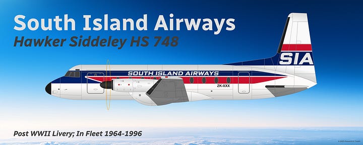 The two flagship aircraft for NZ Express Airways, displaying their liveries before and after the 1971 merger: (top) Hawker Siddeley HS 748 in livery of South Island Airways (L) and NZ Express (R); and (bottom) Fokker F27 Friendship in livery of Waikato Air (L) and NZ Express (R) - all shown in side view while in midflight.
