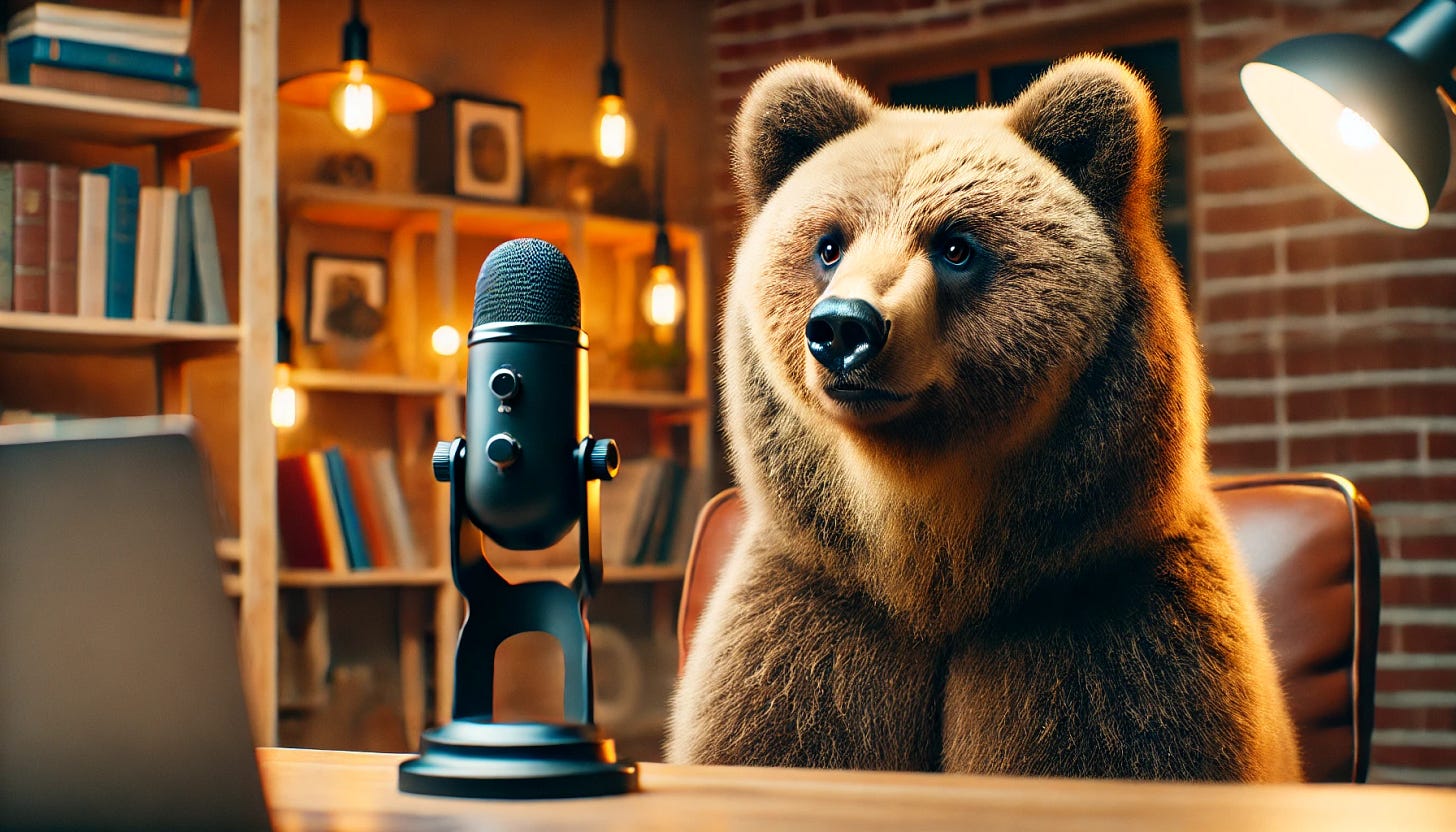 A grizzly bear sitting in front of a microphone, as if recording a podcast or giving a speech. The setting is indoors with a cozy atmosphere, including elements like bookshelves and warm lighting. The bear looks attentive and engaged, with the microphone positioned close to its mouth. The image should be in a 5:3 aspect ratio.