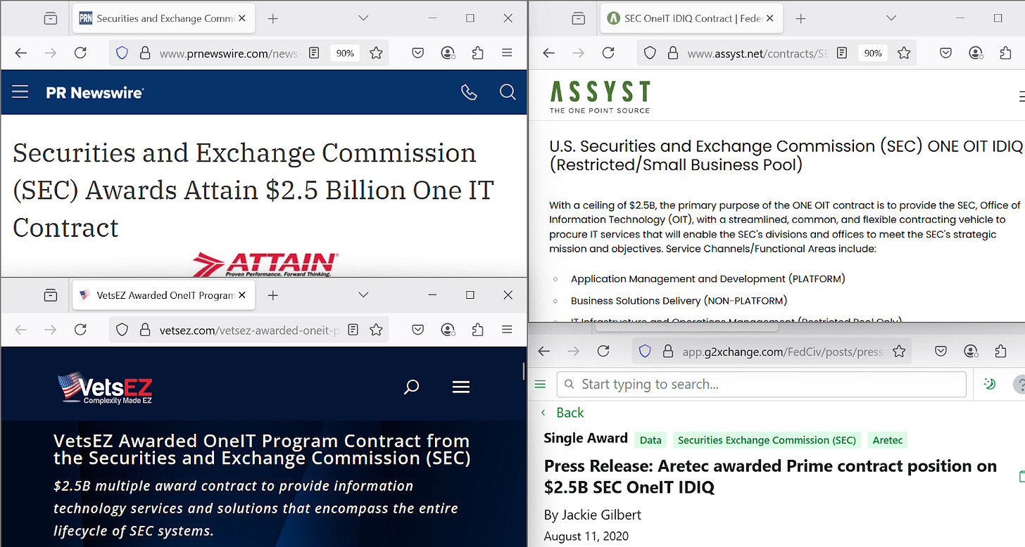 Screenshots of four press releases where different companies celebrate winning a $2.5 billion IT contract from the SEC.