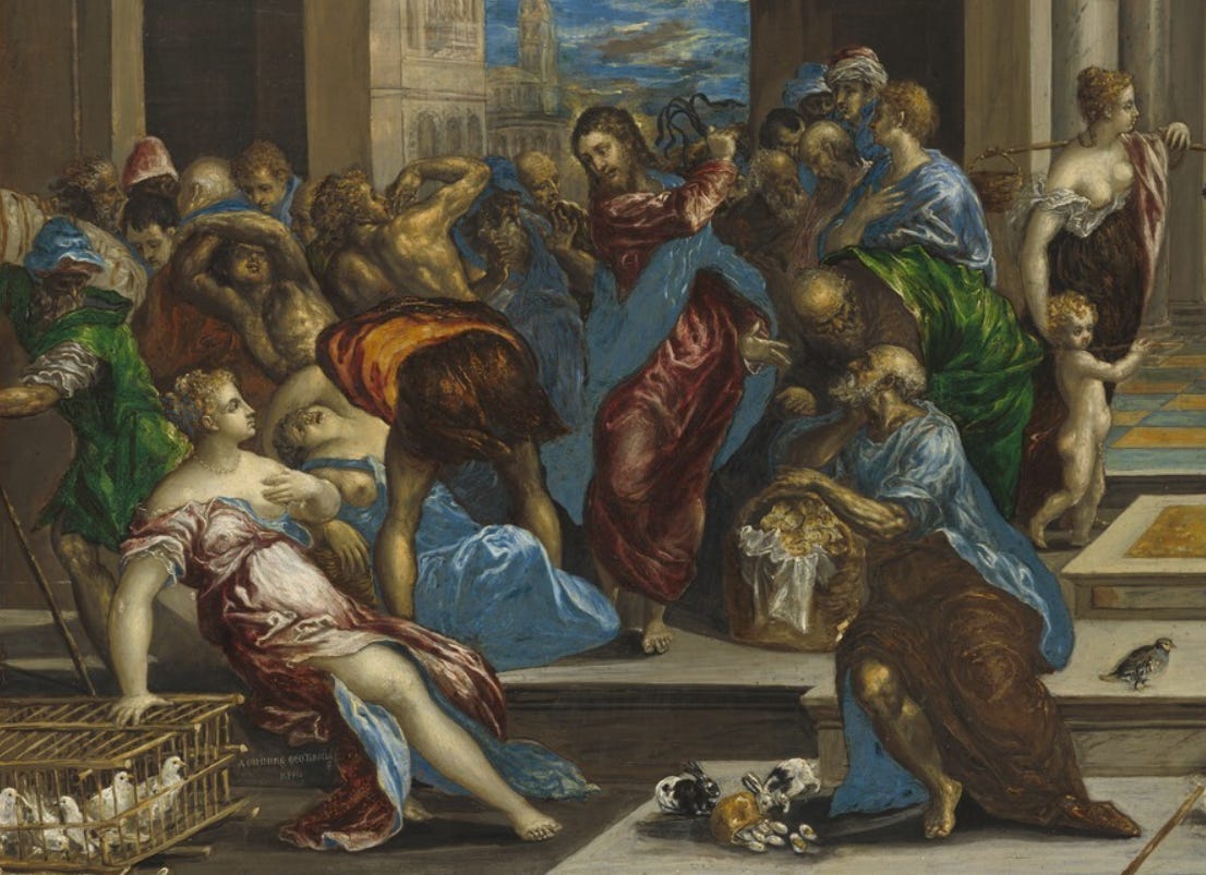 A slight zoom in on part of an oil painting in which Jesus wields a whip in a crowded plaza while a lot of people in robes cringe away from him. A slight zoom in on part of an oil painting in which Jesus wields a whip in a crowded plaza while a lot of people in robes cringe away from him.