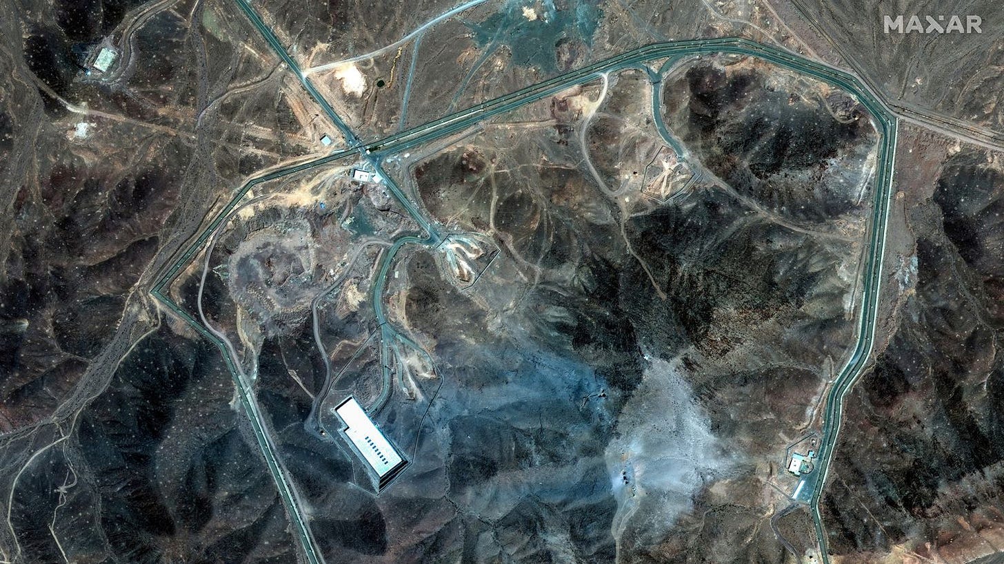 A satellite view shows an overview of the Fordow underground nuclear facility near Oam, Iran on June 22 in the aftermath of the US strikes.