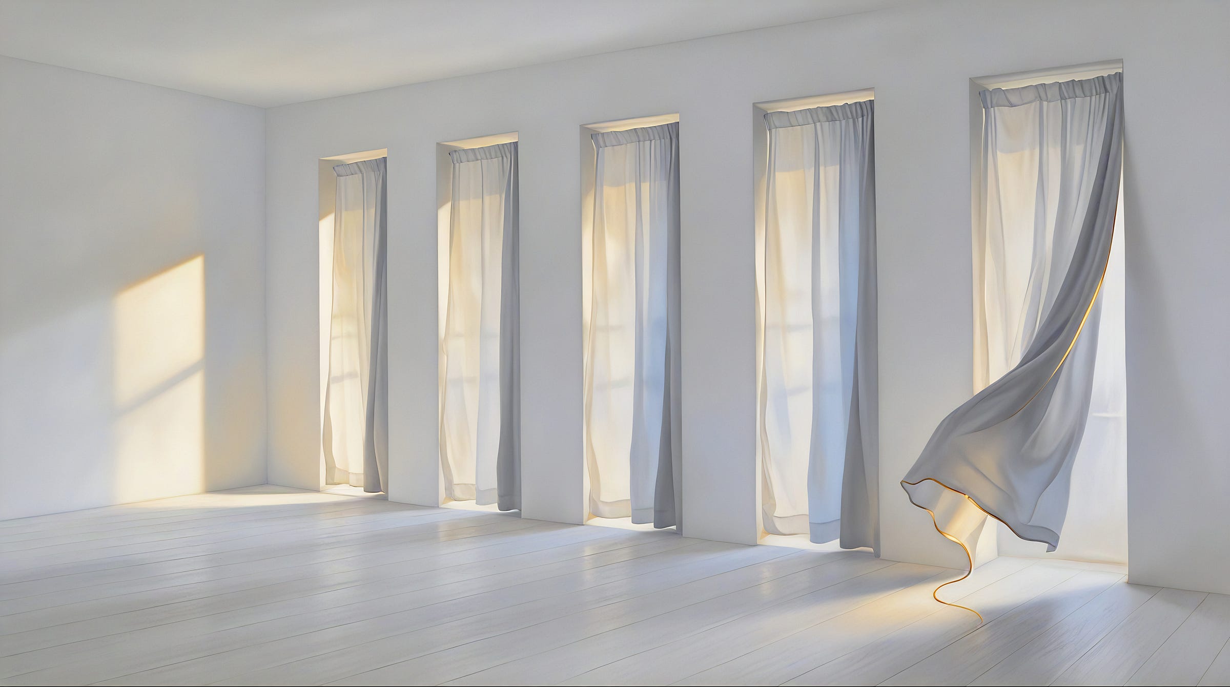 A bright empty white room with a row of tall windows, one sheer curtain caught and billowing inward on the wind. A bright empty white room with a row of tall windows, one sheer curtain caught and billowing inward on the wind.
