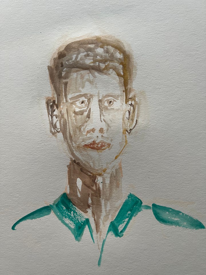 Four images, two with pen, and two with paint, of a self-portrait by the author.