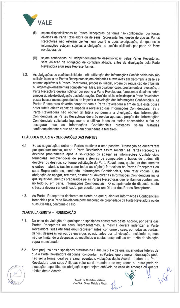 DOCUMENTO INÉDITO — Acordo de Confidencialidade celebrado em 20 de julho de 2017 entre VALE S.A. (como “Parte Reveladora”), GREEN METALS SOLUÇÕES AMBIENTAIS S.A. e FLAPA MINERAÇÃO E INCORPORAÇÕES LTDA. (como “Partes Receptoras”). Objeto: “estéril de formação ferrífera de Jangada e Feijão”. Signatário pela Vale: Lúcio Cavalli. Signatária pela Green Metals: Luciana Freitas Goulart. Documento omitido pela Vale durante a CPI de Brumadinho da ALMG. Divulgado aqui pela primeira vez.