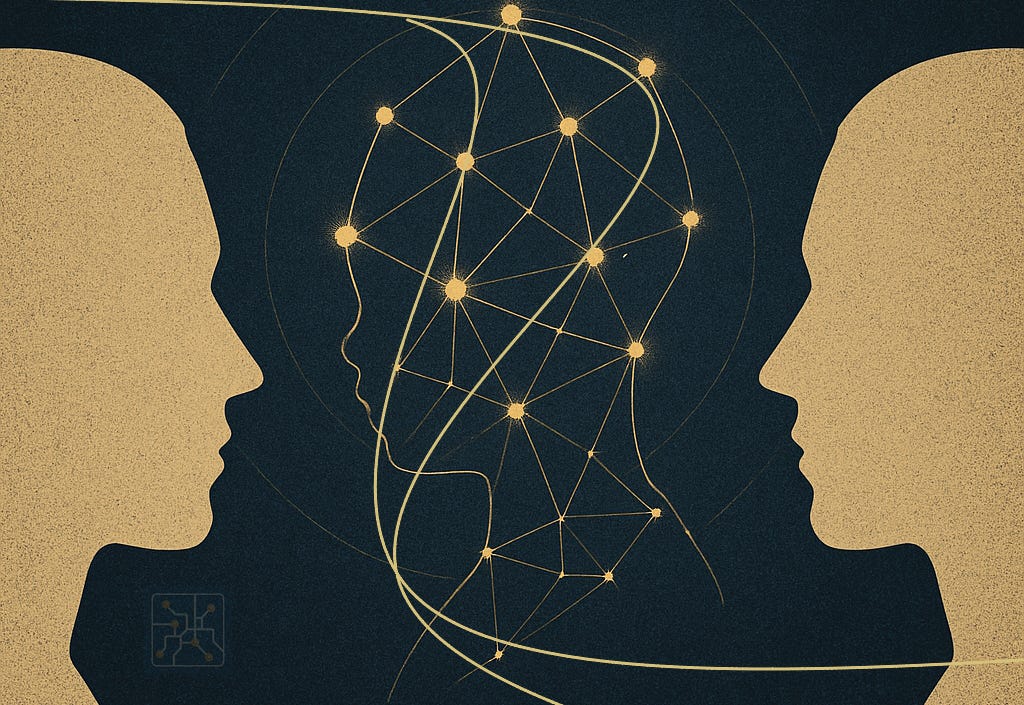 Etching-style illustration in deep blue and gold showing two human profiles facing each other; between them, a glowing network outlines the faint, child-like form of a third mind.