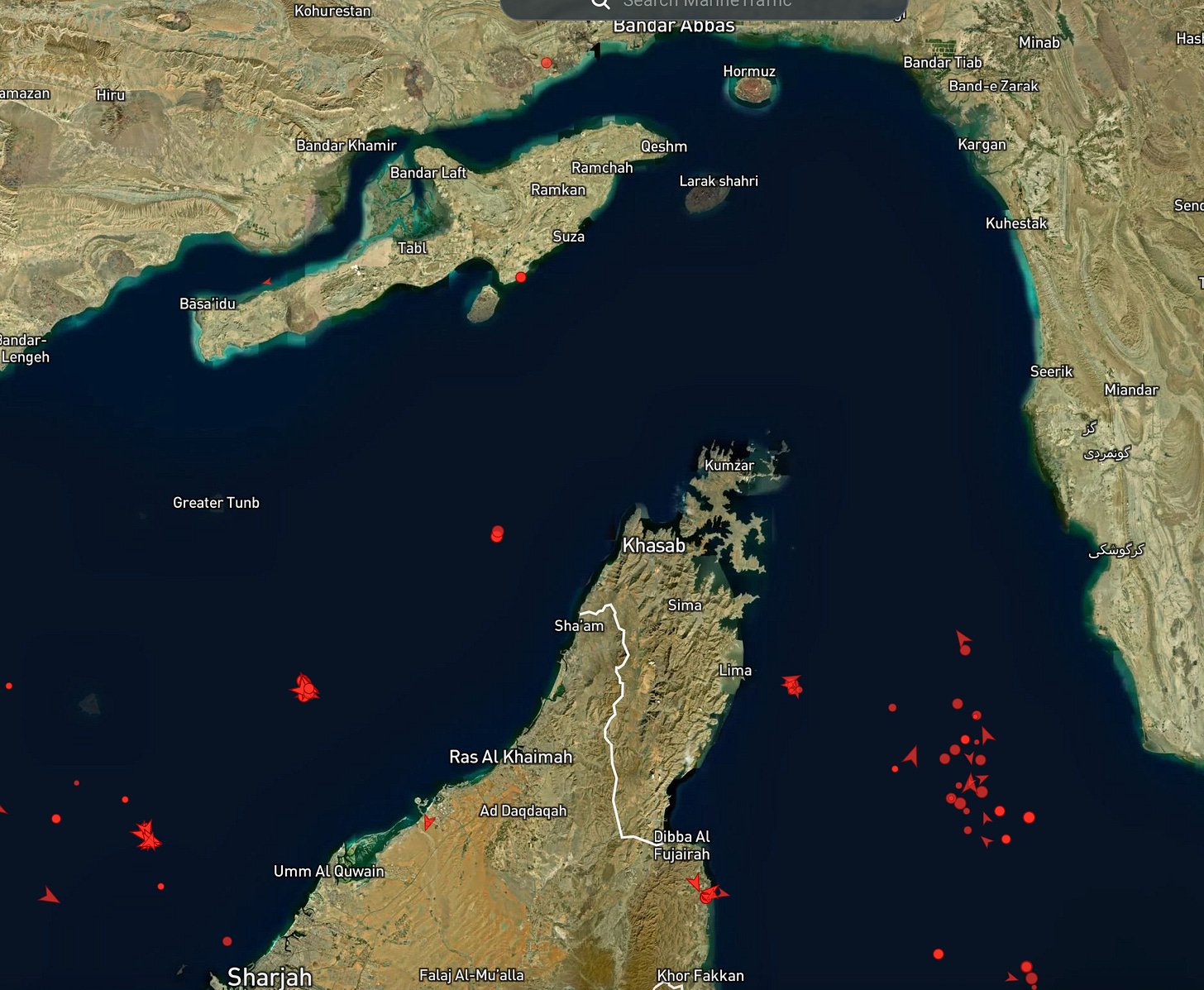 Tankers in red at the Strait of Hormuz, screenshot from MarineTraffic.com, March 8 2026