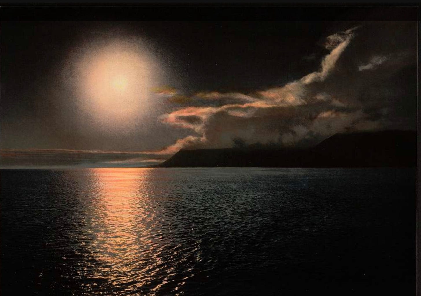 20th century photochrome image of a sun at midnight over the sea. It is grainy and painterly. The sky is dark and the sun casts a path of light over the dark ocean 20th century photochrome image of a sun at midnight over the sea. It is grainy and painterly. The sky is dark and the sun casts a path of light over the dark ocean