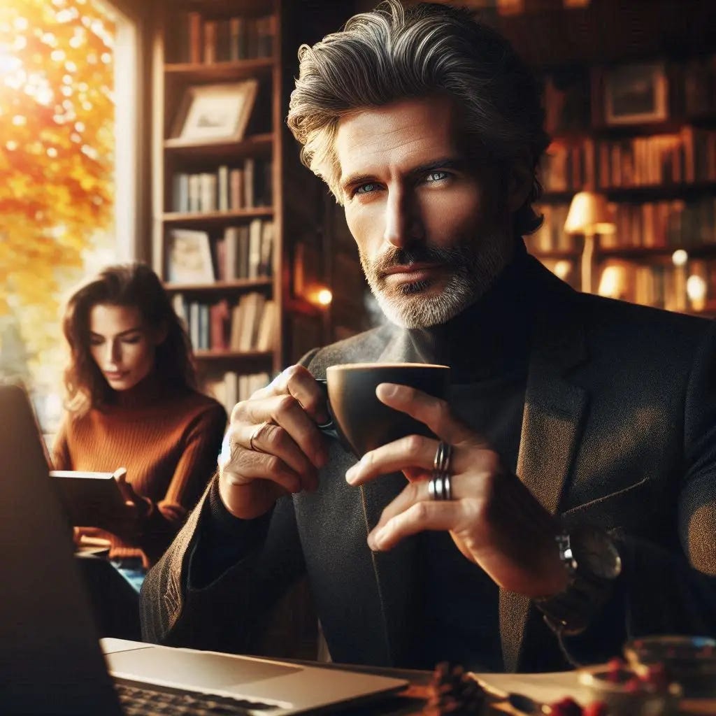 A ruggedly handsome middle aged male author sips coffee while studying his laptop sitting in a coffeeshop with bookshelves in the background and fall colors evident through the window. A beautiful woman author in a turtleneck works on her laptop in the background. In the style of a 1950s propaganda poster.