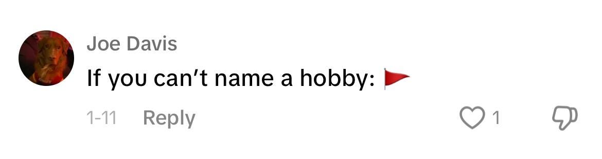 Screenshot of TikTok comment from user Joe Davis reading "If you can't name a hobby: 🚩"