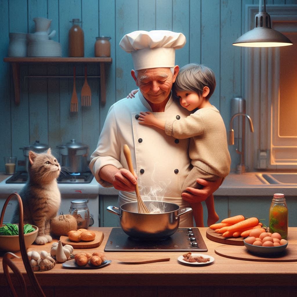 A realistic cooking scene that embodies kindness and empathy