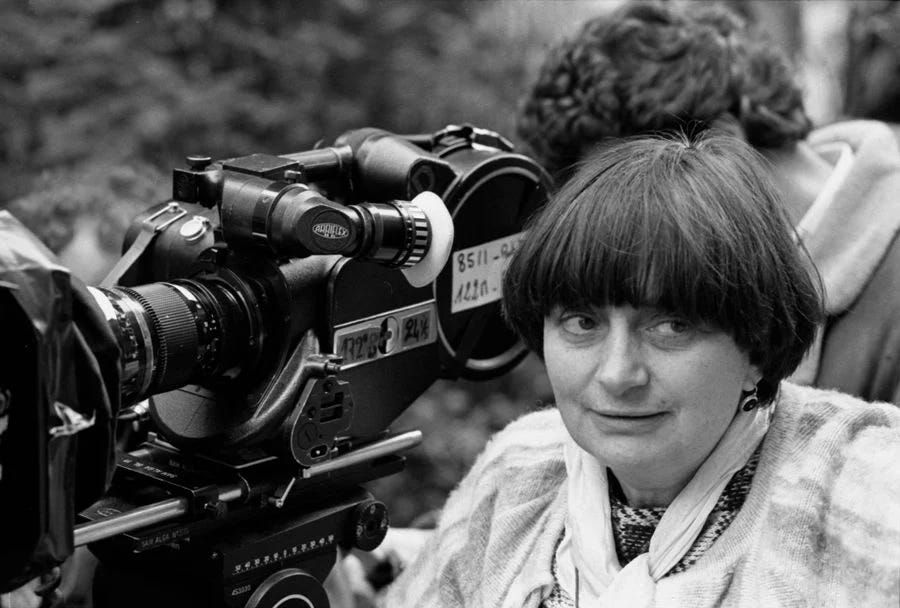 Agnès Varda on a film set with a cinecamera
