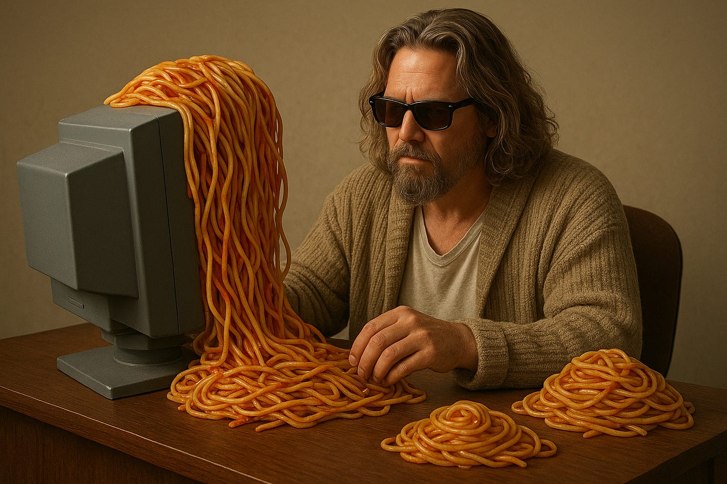 The dude sitting in front of a computer monitor, out of which is pouring a giant mass of spaghetti. The dude is attempting to sort the spaghetti into neat piles. The dude sitting in front of a computer monitor, out of which is pouring a giant mass of spaghetti. The dude is attempting to sort the spaghetti into neat piles.