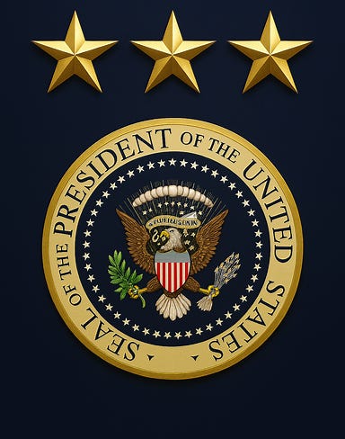 Create an image of the US Presidential Seal with three equal-sized large gold stars above it