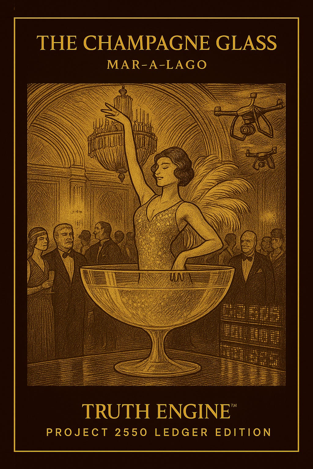 A 1920s-style ballroom glows in gold. A performer stands within a giant glass sculpture as drones capture the scene from above — champagne, masks, and data streams mixing like bubbles.