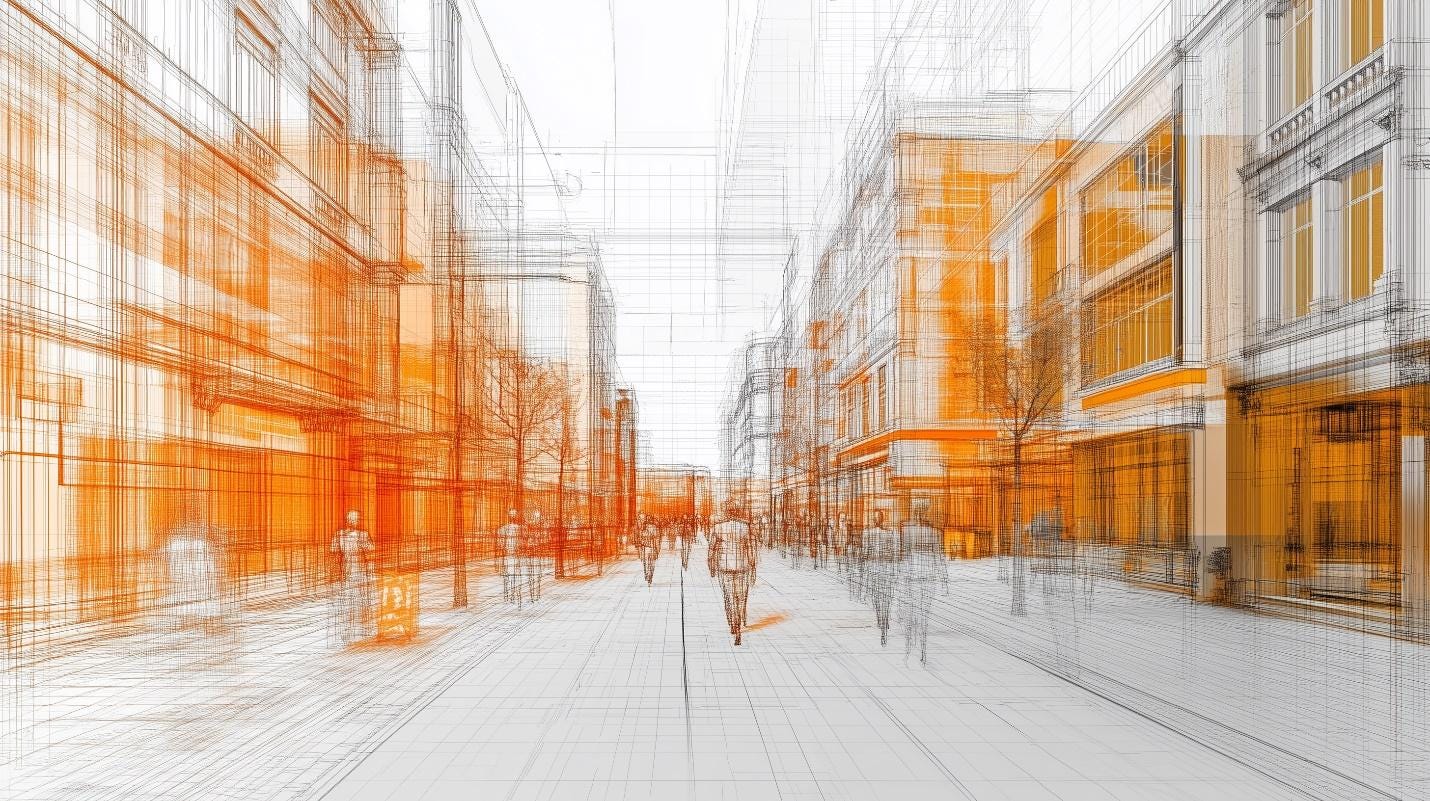 A drawing of a street with buildings and people walking

Description automatically generated