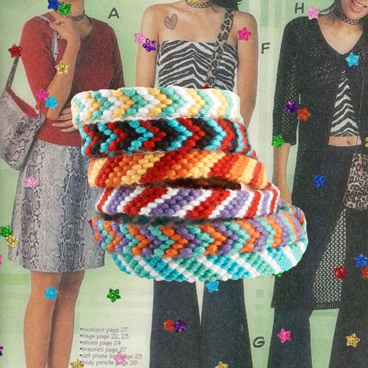 A stack of colorful woven friendship bracelets in front of a retro Y2K fashion catalog spread, surrounded by glitter star accents.