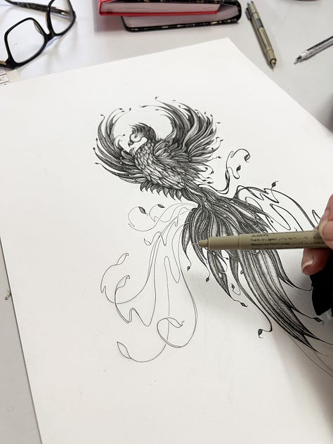 Phoenix illustration pen and ink drawing work in progress by Georgie St Clair