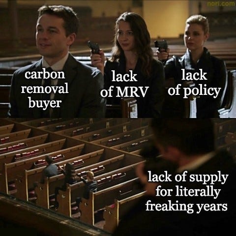 Two stills of a church standoff. A man labelled "carbon removal buyer" is held at gunpoint by "lack of MRV" and "lack of policy"; below, more figures in the pews labelled "lack of supply for literally freaking years".
