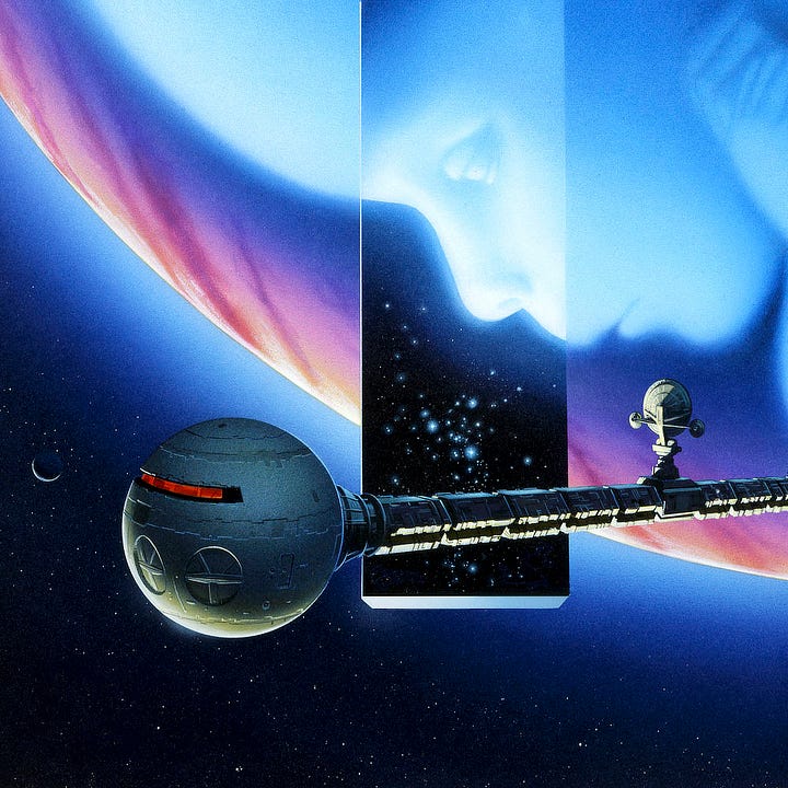 LEFT: Detail from 2010: ODYSSEY TWO featuring Starchild, the obelisk filled with stars, and a long slender spaceship resembling a rattle positioned in front of the planet Jupiter with only a sliver of its stormy surface visible against a field of stars.  RIGHT: Detail from 2010: ODYSSEY TWO featuring the USSC Discovery. The bow of the ship is spherical, like a lollipop on a stick. Toward the top, a curving red line of light indicates the front viewport. Below, points of ingress are marked by circles containing lines intersecting at the center.