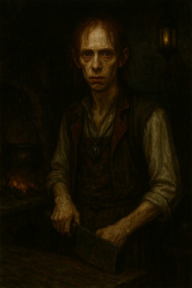 A dark fantasy portrait of Cyrus Belleview in the kitchens of Castle Ravenloft. Cyrus is a gaunt, pale figure with sharp cheekbones, a narrow jawline, and glassy blue-grey eyes ringed by dark circles. His copper-red hair is stringy and unkempt, falling unevenly around his face. He wears a stained, moth-eaten velvet coat over a scorched linen shirt, with cracked porcelain buttons and stitched leather cuffs. His expression is twitchy and haunted, with a half-smile that feels wrong. The kitchen is dimly lit by flickering candlelight and the glow of a dying hearth, casting eerie shadows across hanging cleavers, rusted pots, and arcane herbs strung from the ceiling. The stone walls are damp and streaked with soot. Cyrus stands near a butcher’s table, one hand resting on a bloodstained cloth, the other clutching a broken charm. The atmosphere is grotesque, tragic, and steeped in gothic horror.