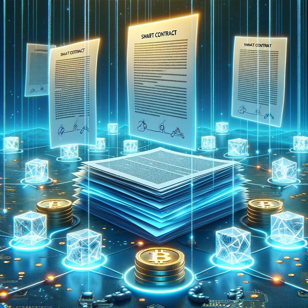 An illustration showing a digital landscape with a series of futuristic, transparent smart contract documents floating above a blockchain. Some of the documents have visible cracks and glitches, symbolizing vulnerabilities or bugs. Below, wrapped tokens represented as glowing, digital coins are tethered to these smart contracts by luminous, digital chains. The scene conveys the concept that these vulnerabilities in smart contracts could potentially put the wrapped assets at risk, highlighting the importance of security in the blockchain ecosystem.