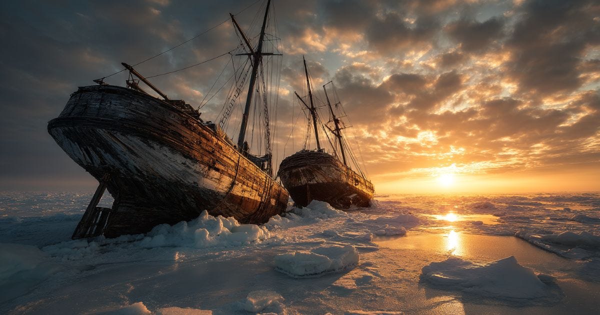 HMS Erebus and HMS Terror trapped in Arctic ice under a golden sunset during the Franklin Expedition. HMS Erebus and HMS Terror trapped in Arctic ice under a golden sunset during the Franklin Expedition.