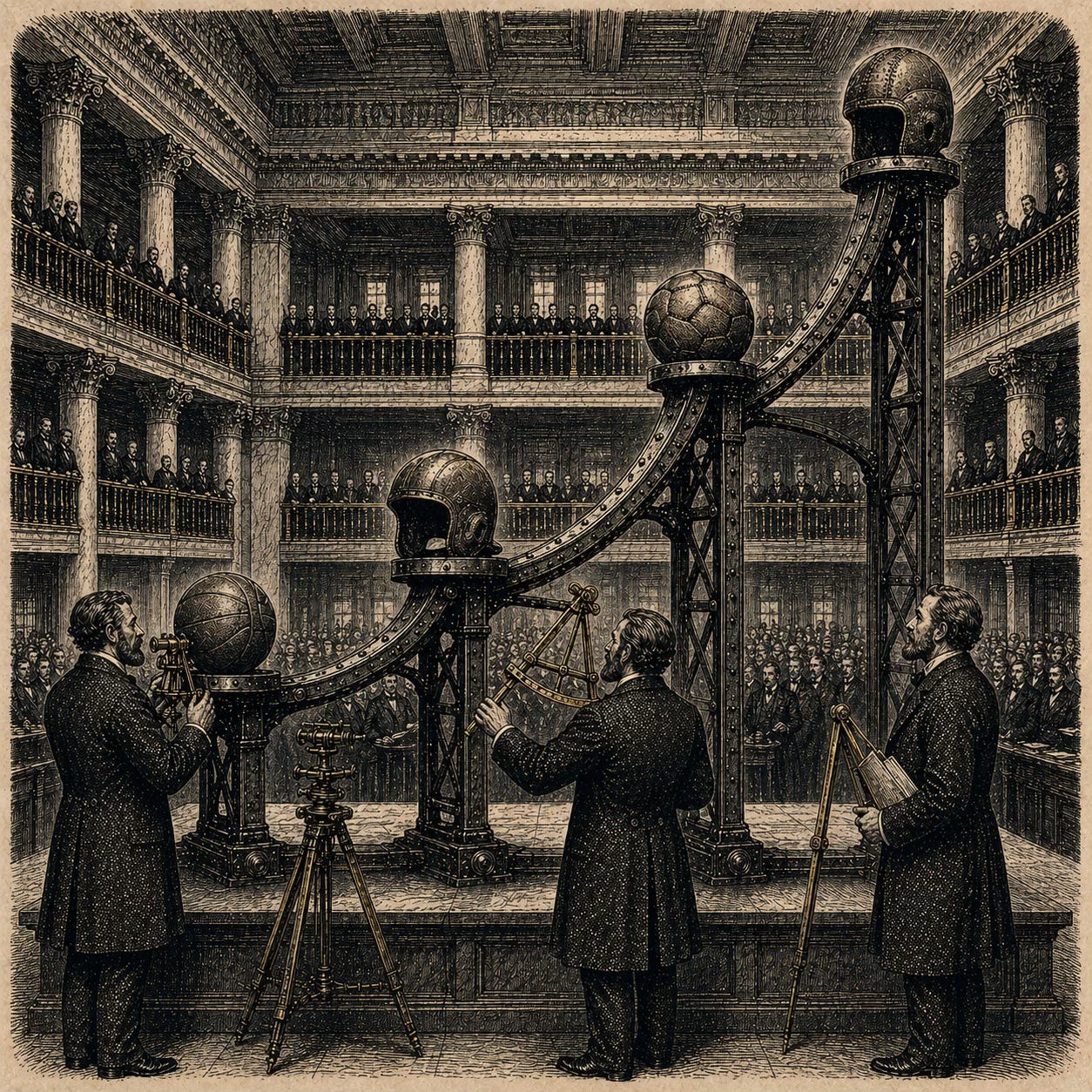 Wood-engraving editorial illustration in the Thomas Nast Harper's Weekly style for Attention Capital's essay The Sports Bond. On the floor of a 19th century stock exchange with brass railings and tiered balconies, a tall yield curve sculpture ascends across the frame, supported by an iron framework. Four anchor points along the curve hold leather sporting objects: a football helmet at the highest point, a soccer ball, a racing helmet, and a basketball at the lowest. Victorian bankers measure the curve with brass calipers and surveyor's instruments. The image visualizes the Attention Quality Score yield curve across the major sports rights packages, the central pricing framework in Attention Capital's argument that sports media rights belong on credit desks. Wood-engraving editorial illustration in the Thomas Nast Harper's Weekly style for Attention Capital's essay The Sports Bond. On the floor of a 19th century stock exchange with brass railings and tiered balconies, a tall yield curve sculpture ascends across the frame, supported by an iron framework. Four anchor points along the curve hold leather sporting objects: a football helmet at the highest point, a soccer ball, a racing helmet, and a basketball at the lowest. Victorian bankers measure the curve with brass calipers and surveyor's instruments. The image visualizes the Attention Quality Score yield curve across the major sports rights packages, the central pricing framework in Attention Capital's argument that sports media rights belong on credit desks.