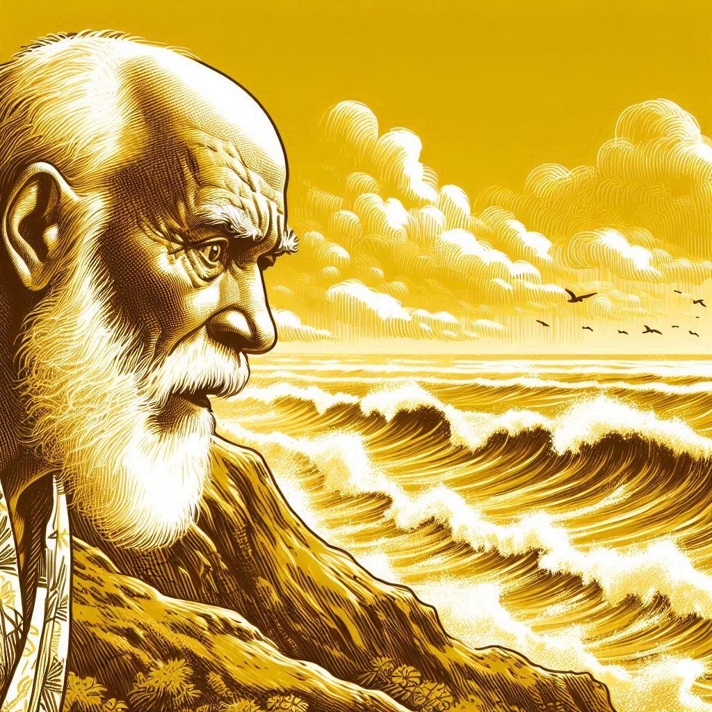 hawaiian elder, 65-year old, bald, thin white beard, looking down from hill at rising waters, nervous expression, yellow-color drawing