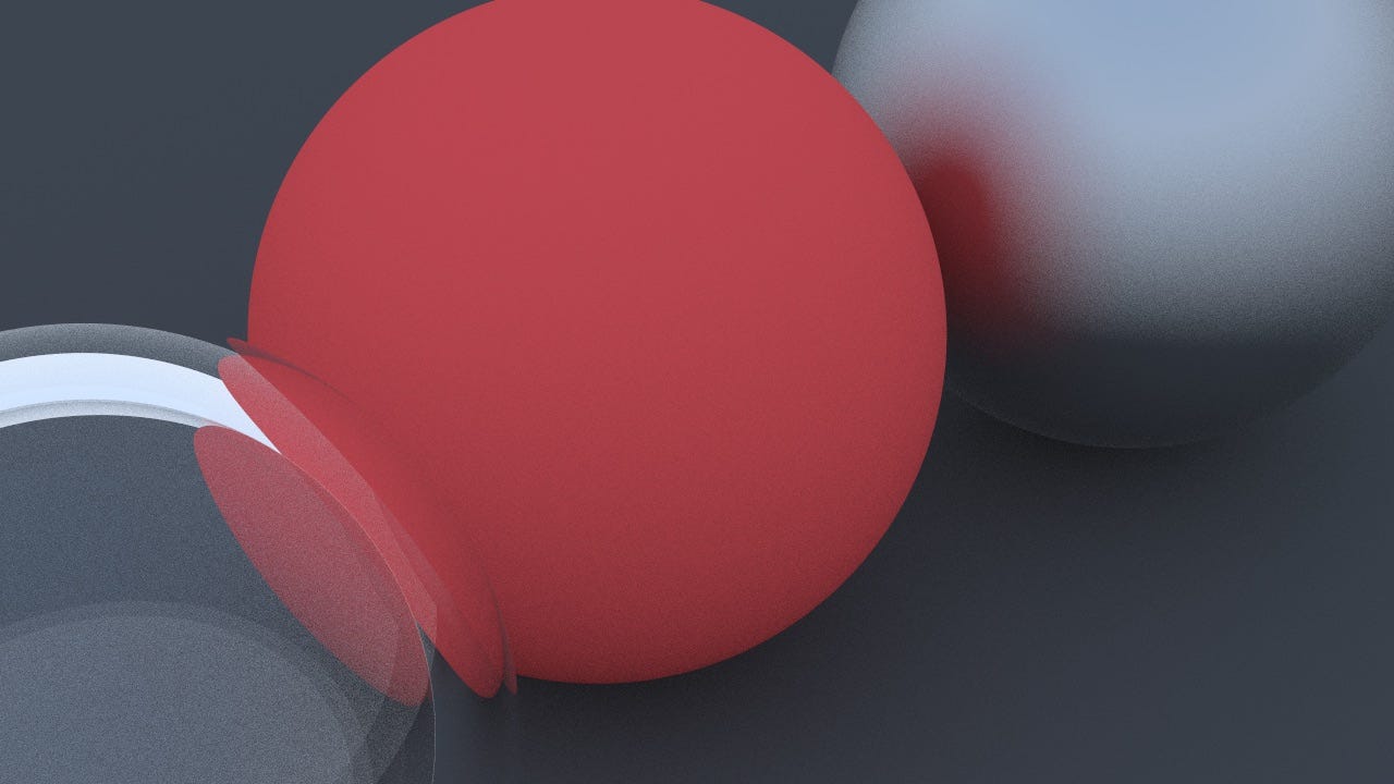 A glass sphere on the left refracting a red diffuse sphere in the middle, plus a chrome sphere on the far right. A glass sphere on the left refracting a red diffuse sphere in the middle, plus a chrome sphere on the far right.