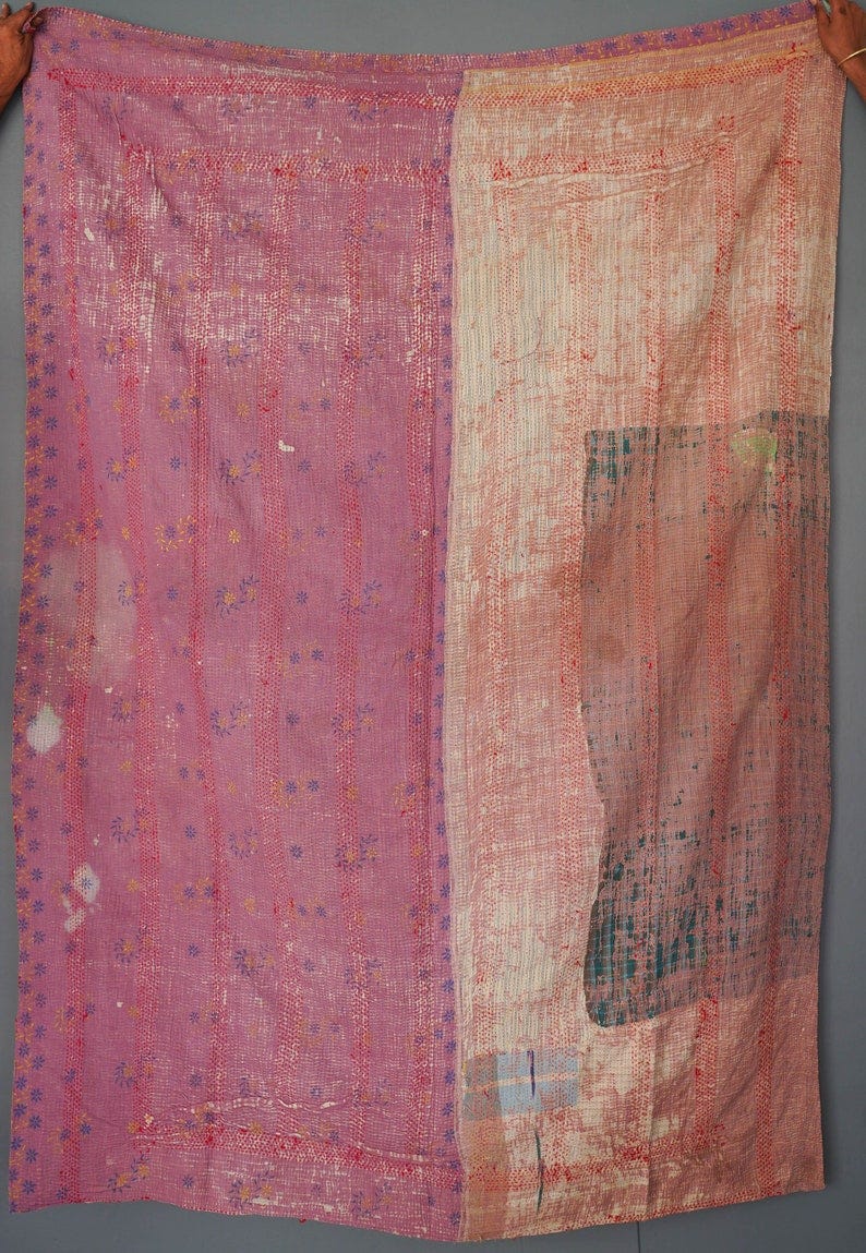 Pretty Cotton Kantha Quilt Kantha Bedspread 60x90 Inches Indian Cotton Kantha Quilt, Vintage Kantha Quilt Made In India image 1