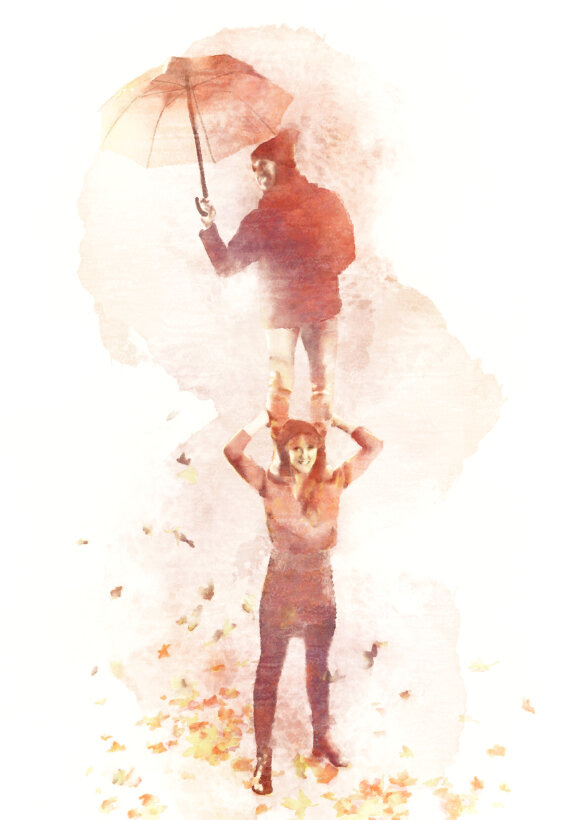 Digitally hand-painted artwork of two aerialist circus performers. The man holds an umbrella and smiles. He is standing on the woman's shoulders while leaves tumble around them, painted in purple autumn watercolour-like colours. Digitally hand-painted artwork of two aerialist circus performers. The man holds an umbrella and smiles. He is standing on the woman's shoulders while leaves tumble around them, painted in purple autumn watercolour-like colours.