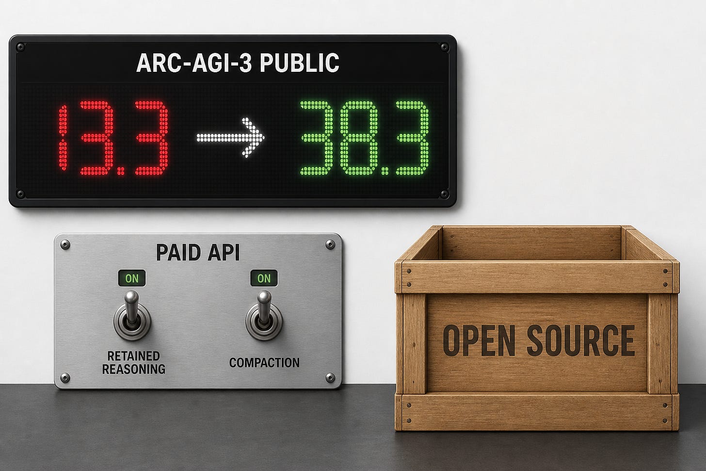 A scoreboard jumps from 13.3 to 38.3. Two switches labeled RETAINED REASONING and COMPACTION sit on a paid API panel. A scoreboard jumps from 13.3 to 38.3. Two switches labeled RETAINED REASONING and COMPACTION sit on a paid API panel.