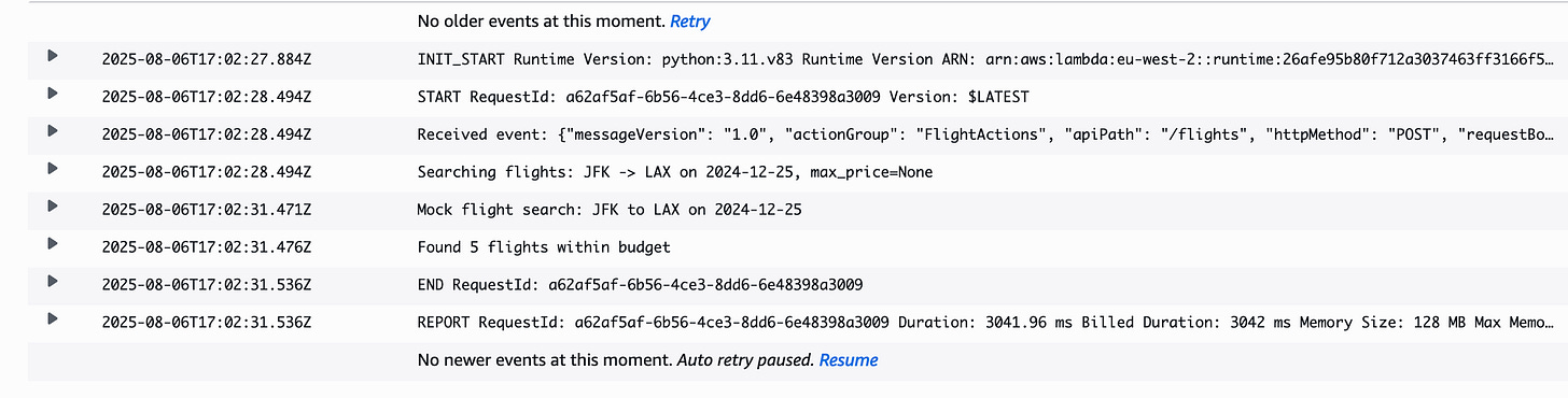 CloudWatch log for SearchFlightsFn with body {from:JFK,to:LAX,date:2024-12-25}, message “Found 5 flights within budget”, report duration ~3042 ms. CloudWatch log for SearchFlightsFn with body {from:JFK,to:LAX,date:2024-12-25}, message “Found 5 flights within budget”, report duration ~3042 ms.