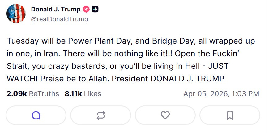Trump post on Truth Social from 5 April 2026
