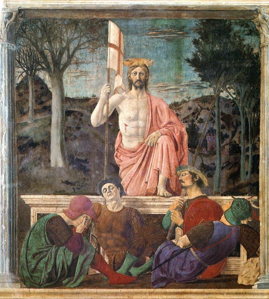 Christ in a rose-colored robe standing erect, with one leg propped up on a sarcophagus, holding a cruciform flag in his right hand, directly behind four soldiers sprawled, sleeping.