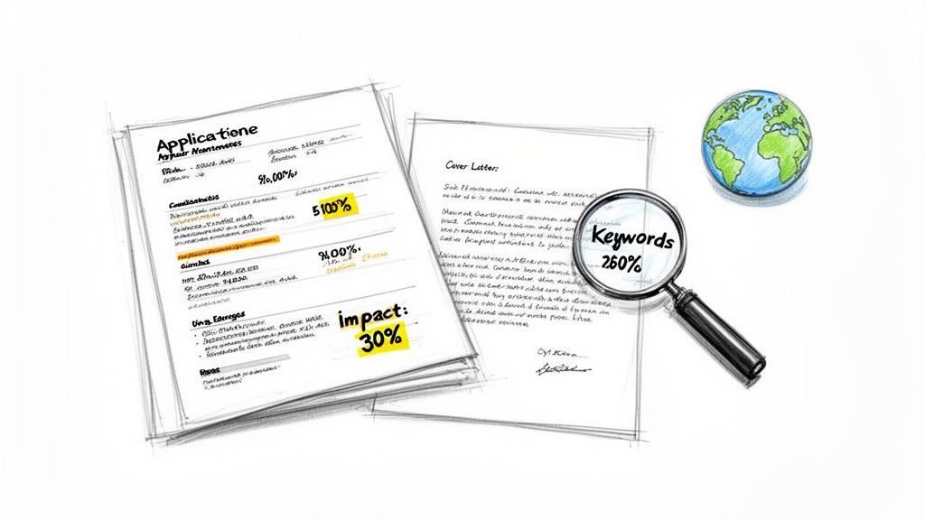 Sketch of application and cover letter documents, magnifying keywords for global career opportunities.